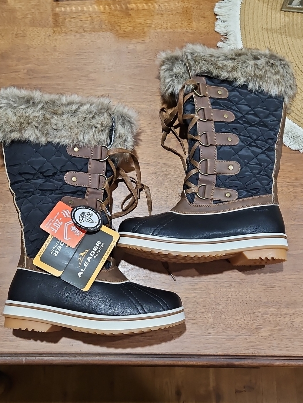 Women’s Quilted Black & Brown Faux Fur Winter Boots - Lace-Up Insulated